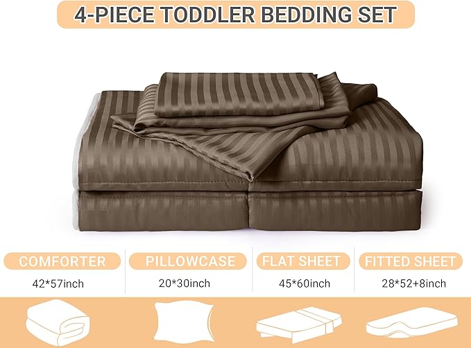 ZPECC Toddler Bedding Set - 4 Piece Hypoallergenic Baby Crib Bedding Set for Boys and Girls, Includes Toddler Comforter, Flat Sheet, Fitted Sheet and Pillowcase, Brown