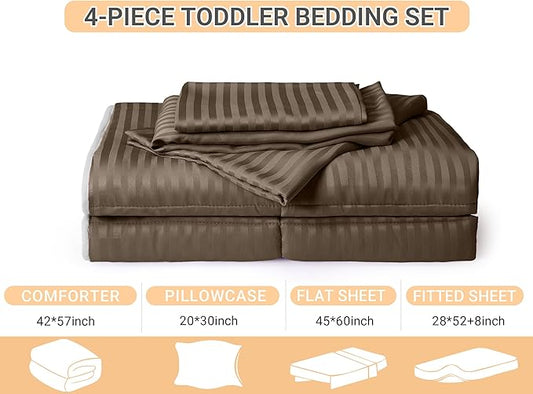 ZPECC Toddler Bedding Set - 4 Piece Hypoallergenic Baby Crib Bedding Set for Boys and Girls, Includes Toddler Comforter, Flat Sheet, Fitted Sheet and Pillowcase, Brown