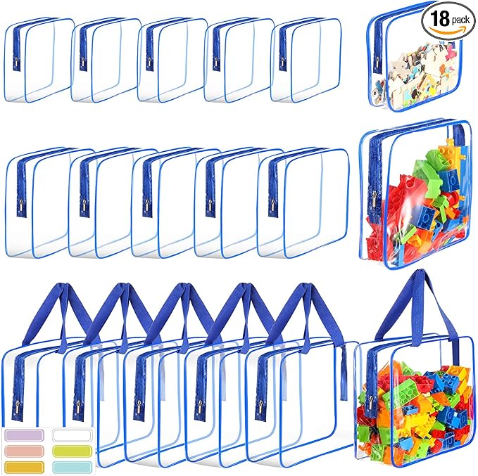 18 Packs Large Toy Storage Bags with Labels, Clear PVC Bags Travel Waterproof Kids Toy Organizer Bags with Zipper for Building Blocks Puzzle Kids Books (Blue-3 Size)