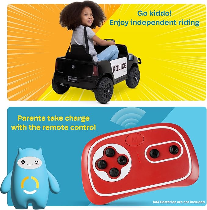 Kidzone Ride On Truck for Kids, Licensed RAM 3500 12V Battery Powered Electric Car Toy with Remote Control, LED Lights, Bluetooth Music & Rear Suspension - Black w/Police Design