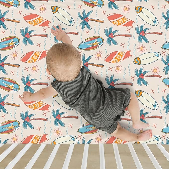 Retro Boho Surfing Baby Crib Sheets for Boy Girl 52x28Inch Summer Surfboards Coconut Palm Trees Sun Soft Snug Fitted Crib Mattress Cover Beach Life Baby Sheet for Standard Crib & Toddler Bed Mattress