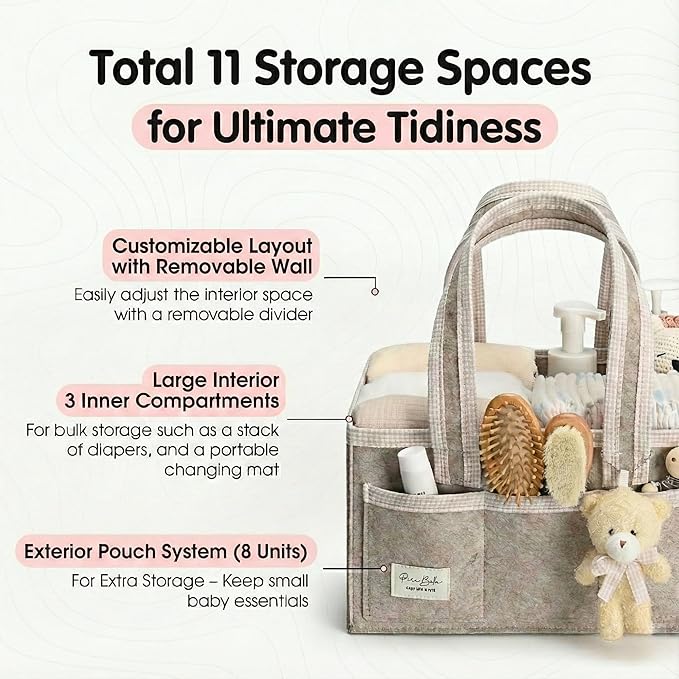 PeraBella Diaper Caddy Organizer with Handle, Baby Shower Gifts Basket Bag, Registry Search Must Haves Items, Nursery Storage Organizer for Newborn Girl Boy, Baby Bag Essentials, Car Diaper Caddy Cart