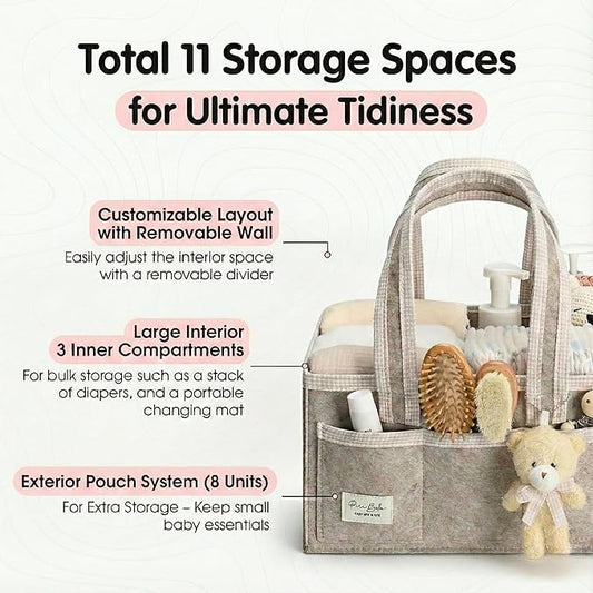 PeraBella Diaper Caddy Organizer with Handle, Baby Shower Gifts Basket Bag, Registry Search Must Haves Items, Nursery Storage Organizer for Newborn Girl Boy, Baby Bag Essentials, Car Diaper Caddy Cart