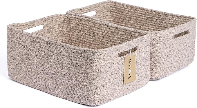MiniArk Large Storage Baskets for Shelves, Closet Organizers Bins for Clothes Blanket Towels, Baby Nursery, Toy Baskets Box, Woven Rope Baskets, 17 x 13 x 7.5”, 2 Packs Mixed Brown