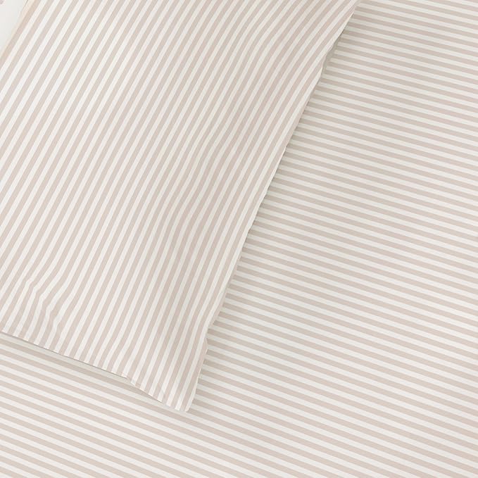 MakeMake Organics Organic Queen Fitted Sheet Set GOTS Certified Organic Cotton Fitted Sheet with Pillowcase Ultra Soft Non Toxic Breathable Hypoallergenic Colorful Neutral (Full, Beige Stripes)