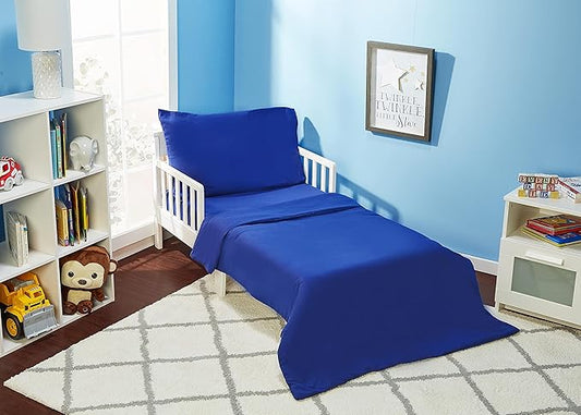 EVERYDAY KIDS 4 Piece Toddler Bedding Set - Includes Comforter, Flat Sheet, Fitted Sheet and Reversible Pillowcase - Solid Navy