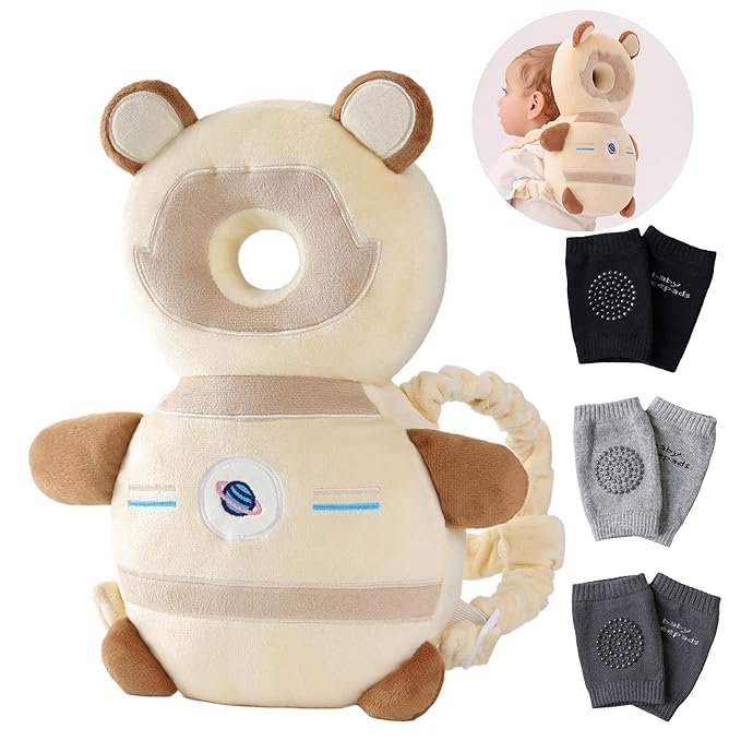 Feidoog Baby Head Protector Cushion Backpack with 3 Knee Pads for Walking & Crawling,Khaki Astronauts