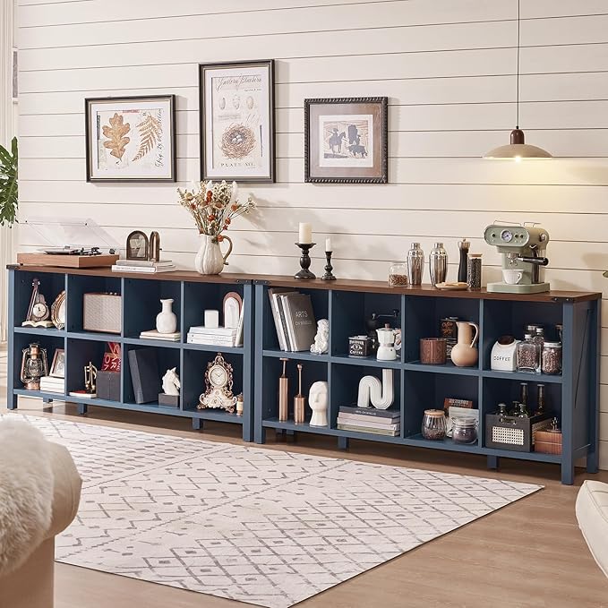 Joaxswe 8 Cube Book Shelf, Farmhouse Wood Long Storage Organizer Bookcase, 62" Horizontal Navy Blue Console Closet Bookshelf, Hallway TV Stand for Entryway, Display Cabinet Book Case for Living Room