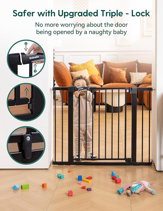 Babelio 29-43" Magnetic Baby Gate for Stairs,Doorways House,Kitchen,30" Tall Pet Door with Baffles,Pressure Mounted & Dual-Lock Design Safety for Kids Toddler,Auto-Close/Hold-Open,Black