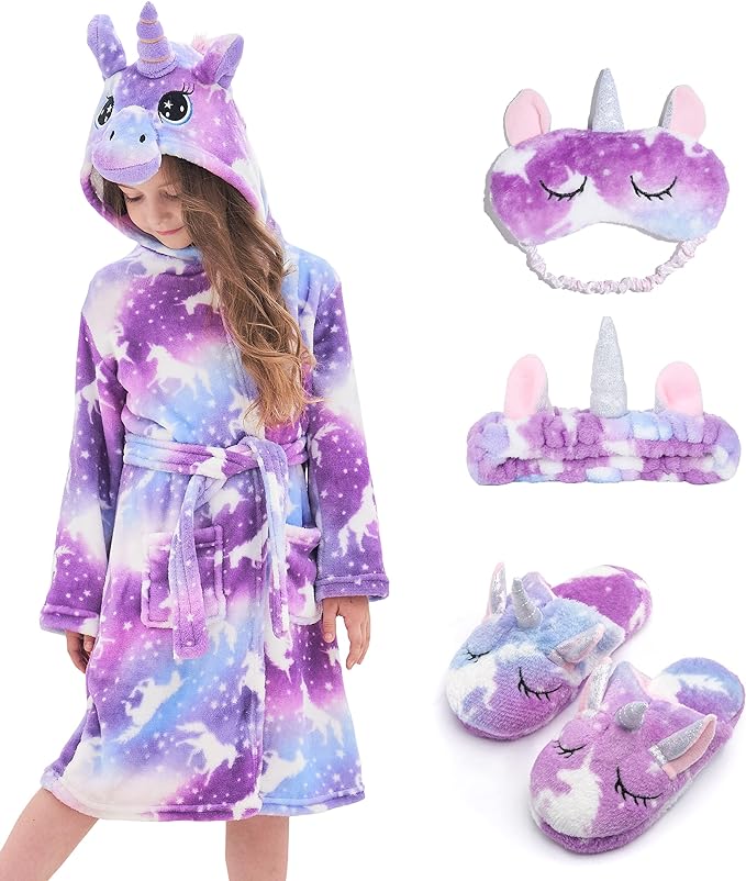Soft Unicorn Hooded Robe with Matching Slippers Headband and Blindfold for Girls