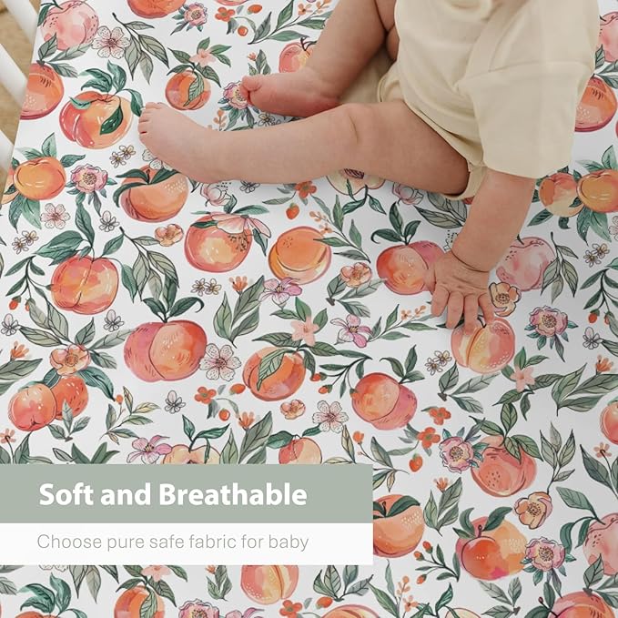 Vintage Peaches Baby Crib Sheets for Boy Girl 52x28Inch Retro Peach Flowers Leaves Soft Snug Fitted Crib Mattress Cover Sweet Spring Summer Fruit Nursery Baby Sheet for Crib & Toddler Bed Mattress