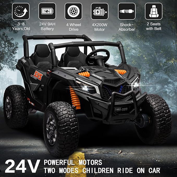MOLACHI 24V Ride on Toys for Big Kids, 4WD Kid UTV Children Electric Cars with EVA Wheels, 2 Adjustable Seater Kids Remote Control Vehicles, 3 Speeds, LED Lights, 4 Shock Absorbers, Bluetooth-Black