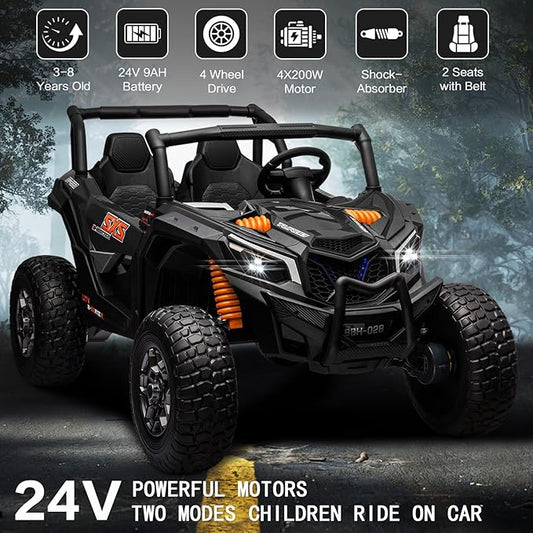 MOLACHI 24V Ride on Toys for Big Kids, 4WD Kid UTV Children Electric Cars with EVA Wheels, 2 Adjustable Seater Kids Remote Control Vehicles, 3 Speeds, LED Lights, 4 Shock Absorbers, Bluetooth-Black