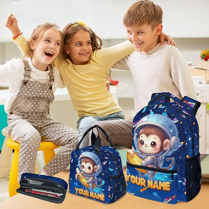 Kids' Backpacks - Personalized Monkey Backpacks with Lunch Bag - Custom Bookbag Set for Girls Boys - Toddler School Bag for Kindergarten/Preschool/Elementary(17 Inch)