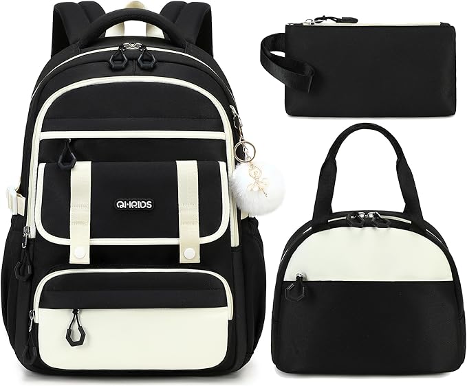QHRIDS School Backpack for Girls, 3PCS Laptop Backpack 15.6 Inch with Lunch Box Pencil Pouch Set for Kids Teens Elementary Middle High School College Bookbag Student Casual Travel Daypack,Black Beige