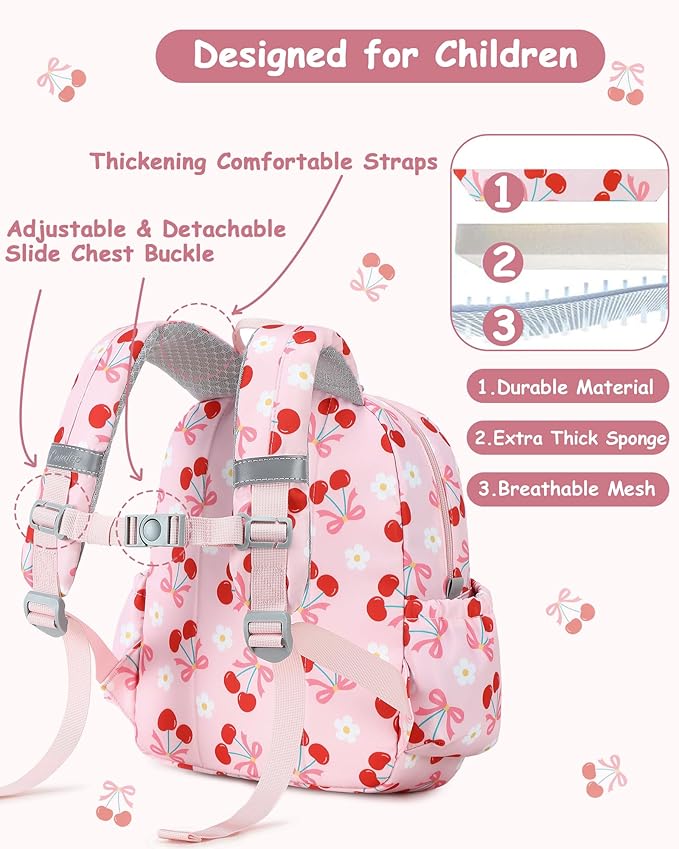 CAMTOP Toddler Backpack for Boys Girls 2-4, Kids Backpacks for Kindergarten Preschool, 12" H Small Bookbag for Daycare Travel (Cherry Pink, 12''- Not fit A4 folder)