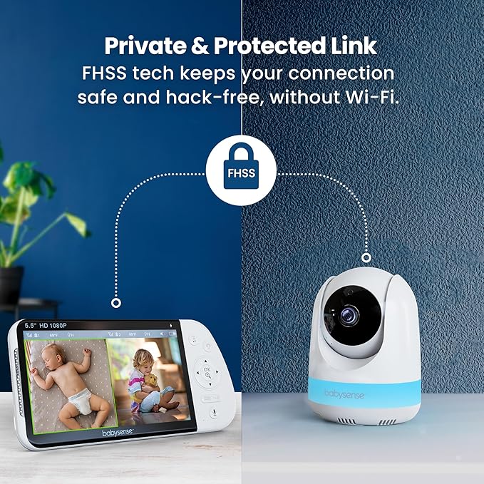 Babysense Full HD 5.5" Split Screen Baby Monitor with 2 Cameras, 6-Color Night Light, White Noise, Sound & Light Machine, 20-Hour Battery, Hack-Proof Non-WiFi Secure Connection