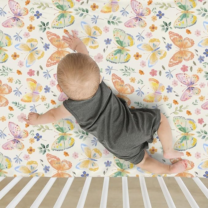 Watercolor Butterflies Spring Floral Baby Crib Sheets Boy Girl 52"x28" Pastel Flowers Leaves Soft Stretchy Fitted Crib Mattress Cover Easter Garden Baby Sheet for Standard Crib and Toddler Mattress