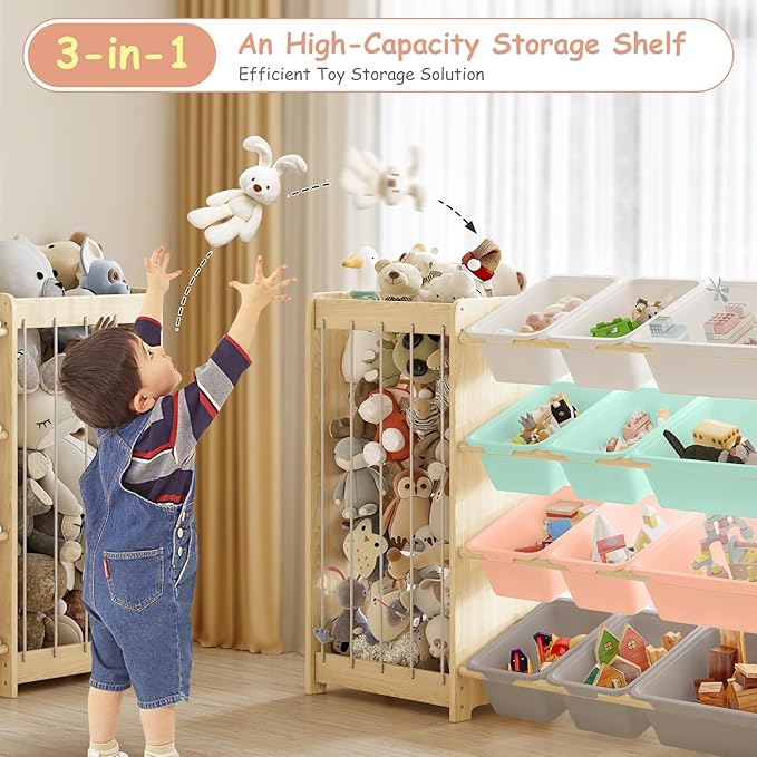 EXPERLAM Toy and Stuffed Animal Storage, 12-Bin Toy Shelf with Double-Sided Stuffed Animal Holder & Thicker Elastic Ropes, Space-Saving Solid Wood Toy Organizer for Playroom, Nursery, Bedroom, Multi