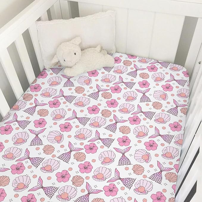 Pink Summer Mermaids Seashells Floral Baby Crib Sheets for Girls Boho Neutral Conch Pearls Soft Snug Fitted Crib Mattress Covers for 52''x28'' Standard Crib & Toddler Mattress Sea Beach Bed Sheets