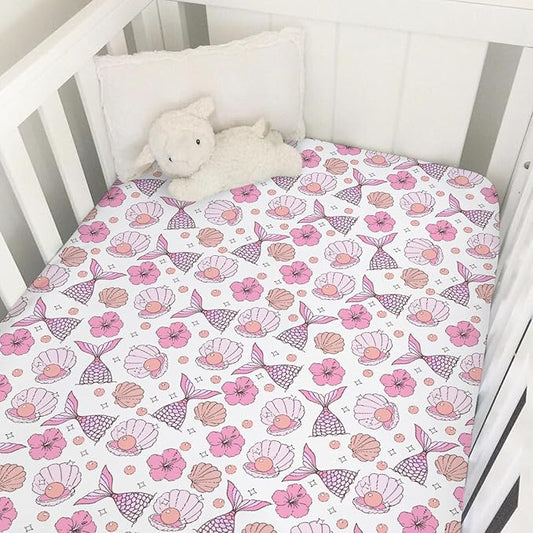 Pink Summer Mermaids Seashells Floral Baby Crib Sheets for Girls Boho Neutral Conch Pearls Soft Snug Fitted Crib Mattress Covers for 52''x28'' Standard Crib & Toddler Mattress Sea Beach Bed Sheets