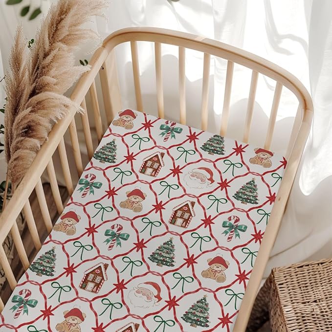 Red and Green Christmas Stripe Baby Crib Sheets for Boy Girl 28"x52" Bear Santa Trees Bows Candy Soft Snug Fitted Crib Mattress Cover Winter Holiday Baby Sheet for Crib & Toddler Bed Mattresses