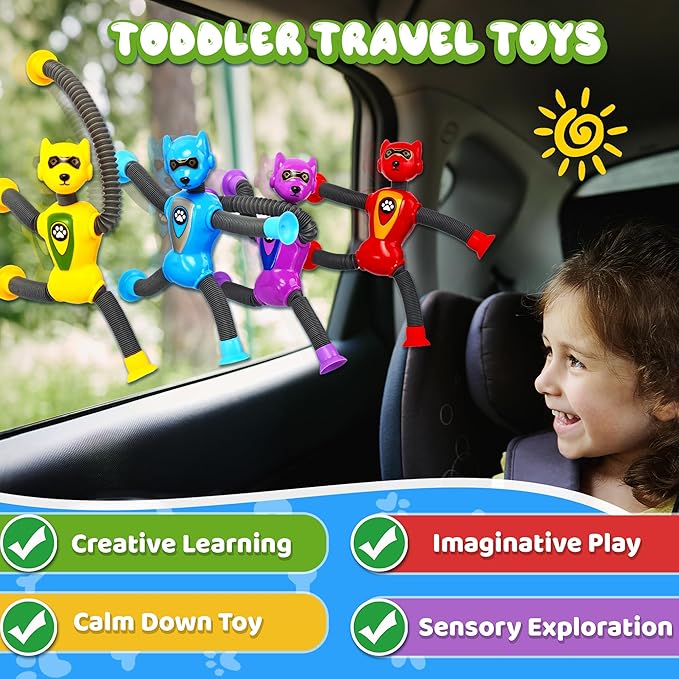 Valentines Day Gift for Boys Robot Dog Sensory Pop Tube for Toddler Kid 4PC Travel Toys Airplane Car Toy Activities Autistic Road Trip Suction Tube for Boys 3 - 8 ADHD Autism