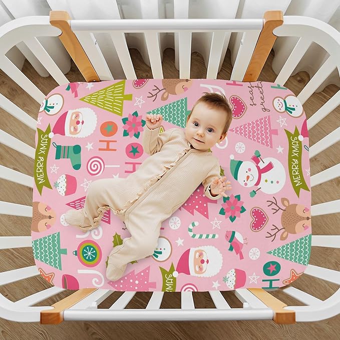 Pink Christmas Pattern Crib Sheets Soft Breathable Fitted Baby Crib Sheets Mattress Cover for Girl Boys, 52" x 28" x 9"