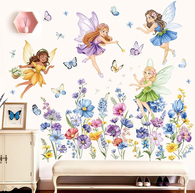 decalmile Purple Flower Fairy Wall Stickers Watercolor Floral Butterfly Elf Wall Decals Baby Nursery Bedroom Girls Room Home Decor