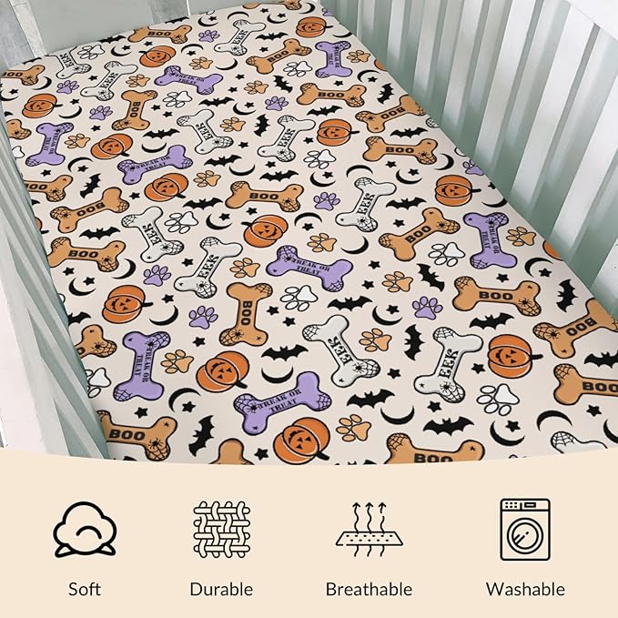 Cute Halloween Dog Paws Baby Crib Sheets Halloween Pumpkin Bone Bats Soft Baby Sheets Fitted Crib Mattress Cover Dog Lover Gift for Standard Crib Mattress 52"x28"