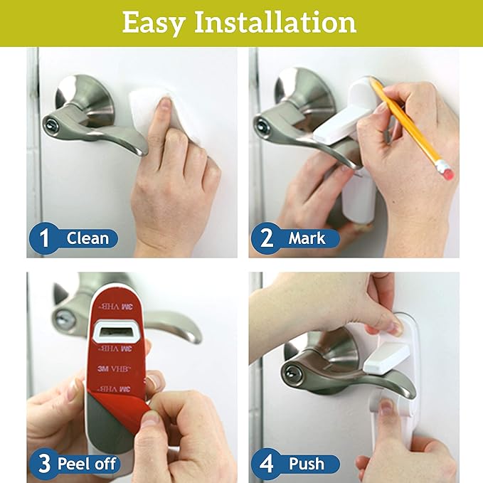 Door Lever Locks (4 Pack) - Prevents Toddlers from Opening Doors - Durable ABS with 3M Adhesive - Easy One-Hand Operation for Adults, No Tools Needed