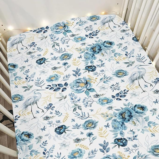 Watercolor Cranes Flowers Baby Crib Sheets for Boy Girl 52"x28" Crane Blue Gold Floral Leaves Soft Stretchy Fitted Crib Mattress Cover Wild Birds Baby Sheet for Standard Crib and Toddler Bed Mattress