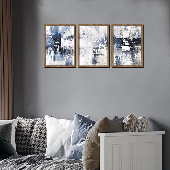 Blue Abstract Wall Art Set of 3, White and Blue Abstract Canvas Wall Decor Paintings, Modern Neutral Minimalist Posters Prints Pictures for Living Room Bedroom Office Home Decor 16x24 Inch Wood Framed
