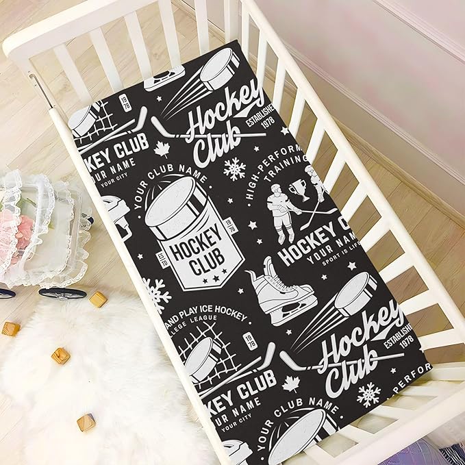 Ice Hockey Retro Black Crib Sheets Soft Breathable Fitted Baby Crib Sheets Mattress Cover for Girls Boy, 52" x 28" x 9"