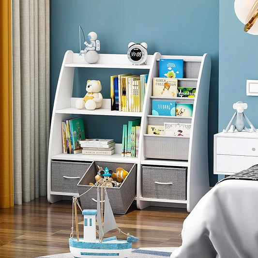 HedoAjim White Kids Bookshelf Wood Toy Storage Organizer Cabinet Children Bookcase Toddler Baby Sling Book Rack 3 Cube Bins Sail Boat Arc Shape for Playroom Bedroom Nursery Classroom