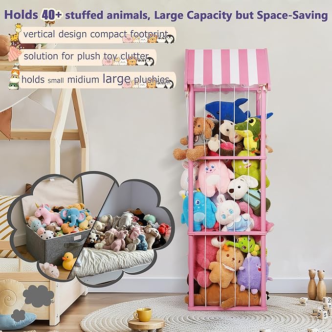 Edudif Stuffed Animal Storage, Space Saving Vertical Stuffed Animal Holder Wood, Easy Assembly Cottage-Style Plush Toys Organizer for Kids Bedroom & Playroom (Pink, Large)