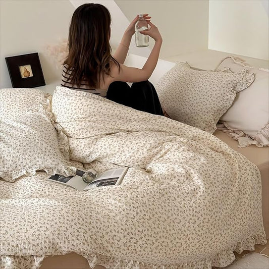 BuLuTu Cottage Camellia Print Duvet Cover King, Double-Layer Cotton Muslin Comforter Cover Floral Design Vintage Bedding Quilt Cover with Ruffles,90"x104", No Pillow, Machine Wash