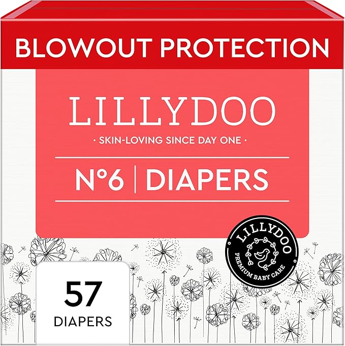 LILLYDOO Baby Diapers - Size 6 (29+ lbs), Half-Monthly Supply (57 Count), Leak Protection, Skin-Friendly, Ultrasoft, Perfume- & Chlorine-Free, Hypoallergenic, Dermatologist Tested, Oeko-TEX®
