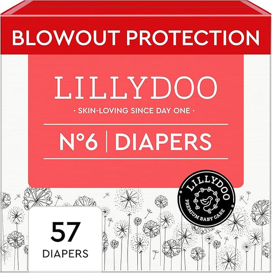 LILLYDOO Baby Diapers - Size 6 (29+ lbs), Half-Monthly Supply (57 Count), Leak Protection, Skin-Friendly, Ultrasoft, Perfume- & Chlorine-Free, Hypoallergenic, Dermatologist Tested, Oeko-TEX®