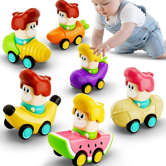iPlay, iLearn 6PCS Press to Go Car Toys for Toddlers 1-3, Baby Push Go Racing Cars, Infant Fruit Vegetable Vehicle Set for 18 24 Month, Baby Birthday Stocking Gifts for 1-2 Years Old Boys Girls Kids