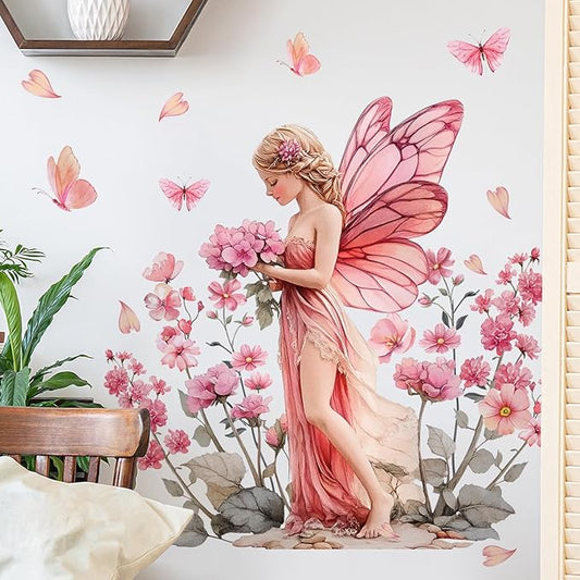 DRWSSR Removable Cartoon Pink Butterfly Elf Girl Decals Fairy Wall Decals DIY Pink Flowers Green Leaf Wall Stickers Peel and Stick for Girls Room Nursery Living Room Bedroom Bathroom Playroom Decor