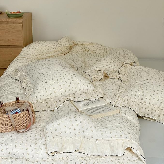 BuLuTu Chic Shabby Vintage Floral Duvet Cover Twin for Kids Girls Boys 100% Cotton Muslin Ruffled Quilt Cover Twin, 68"x86", Sprout Print, Soft Breathable, Zipper Closure, No Pillowcase