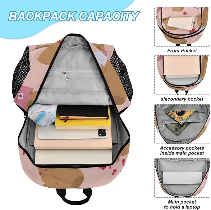 Jucciaco Lovely Capybara Backpack with Lunch Bag, School Backpack for Teens Boys Girls Kids Travel Backpacks Set