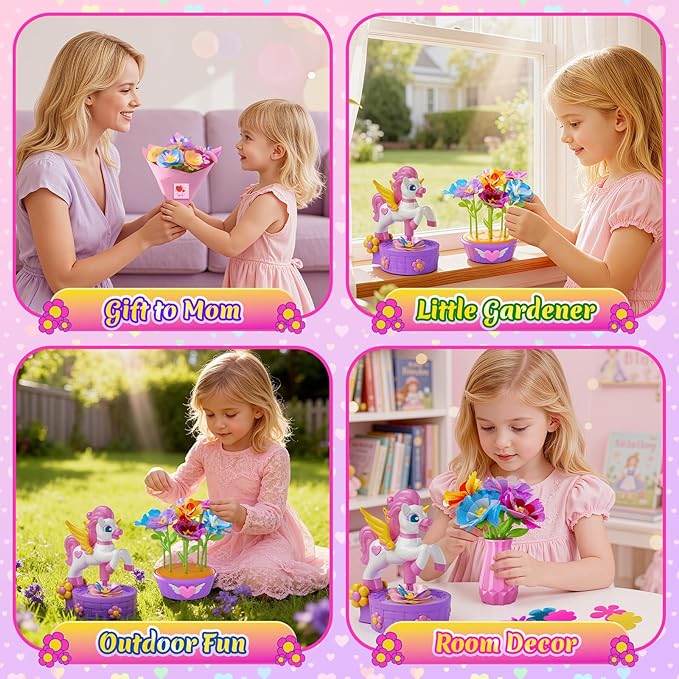 Craft Kits, Press-to-Create Flower Maker, Unicorn Toys for Girl Age 3-12, Fabric Flower Bouquets Toy, Kids DIY Arts and Crafts, Unique Christmas Birthday Gifts for 3 4 5 6 7 8 9 10 11 12 Year Old Girl