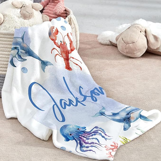 Custom Baby Crib Bedding Set, Personalized Name Marine Animals Theme Crib Set 3 Pcs, Soft Double Layer Blanket, Crib Sheet & Room Rug, Ideal Nursery Decor Gift for Baby Girls Boys