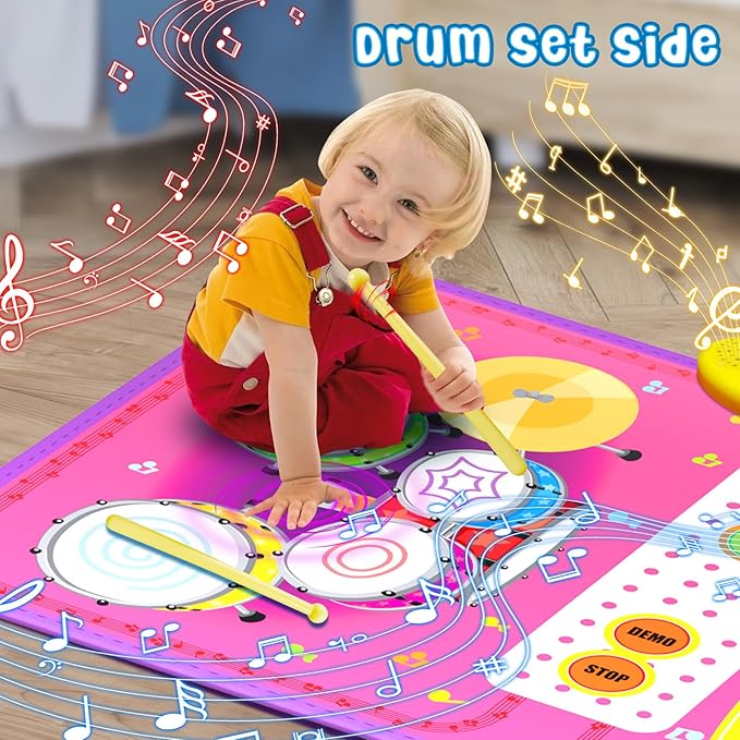 2-in-1 Musical Mat Toys for 1 2 3 4 5 Year Old, Piano Keyboard & Drum Set with 2 Drum Sticks, Early Educational Musical Learning Toys Birthday for 1 2 3 4 5 Year Old Girls & Boys, Pink