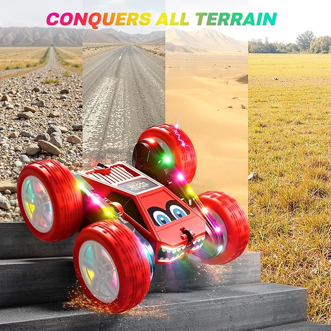WayEee Remote Control Car, 360° Flips RC Stunt Car with LED Lights Strips, Type-C Charge Modular Battery, 2.4 GHZ Double Sided High Speed RC Cars for Boys Age 8-12 Girls 3+ Kids Toys Birthday Gifts