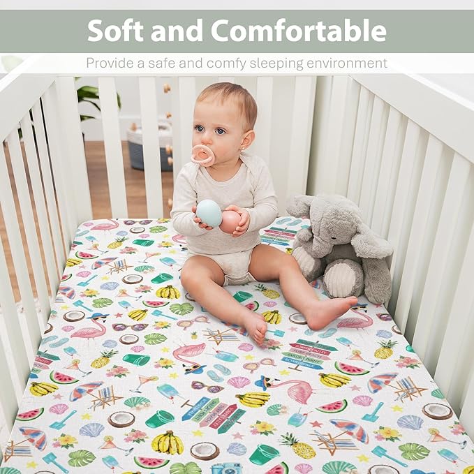 Surf Beach Summer Baby Crib Sheets for Boy Girl 28"x52" Flamingo Tropical Leaves Floral Fruits Soft Stretchy Fitted Crib Mattress Cover Beach Party Vacation Baby Sheet for Crib & Toddler Bed Mattress
