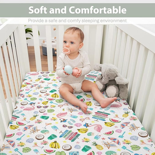Surf Beach Summer Baby Crib Sheets for Boy Girl 28"x52" Flamingo Tropical Leaves Floral Fruits Soft Stretchy Fitted Crib Mattress Cover Beach Party Vacation Baby Sheet for Crib & Toddler Bed Mattress