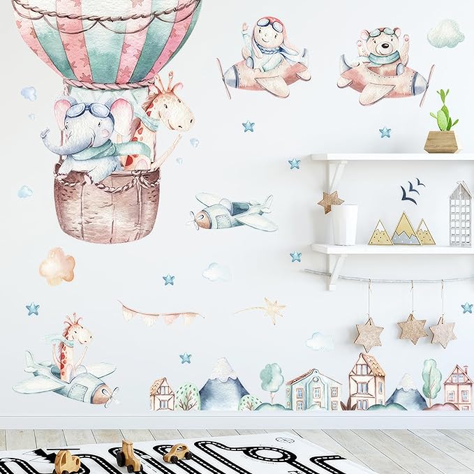 Ollaland Flying Animals Wall Decals - Peel and Stick Hot Air Balloon Animals Wall Stickers, Aircrafts Decor for Baby Nursery, Toddler & Kids Bedroom Walls - Airplanes, Elephant, Giraffe, Bear